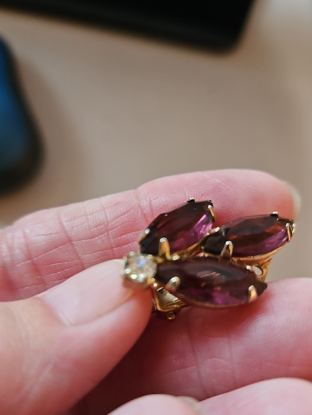 Vintage Purple and Clear Rhinestone Marquise Cluster Clip On Earrings - Picture 5 of 5